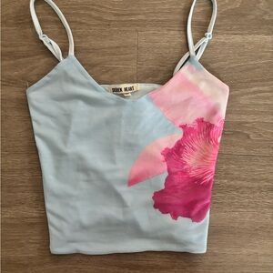 Derek Heart Women's Light Blue Camisole with Pink Floral Design